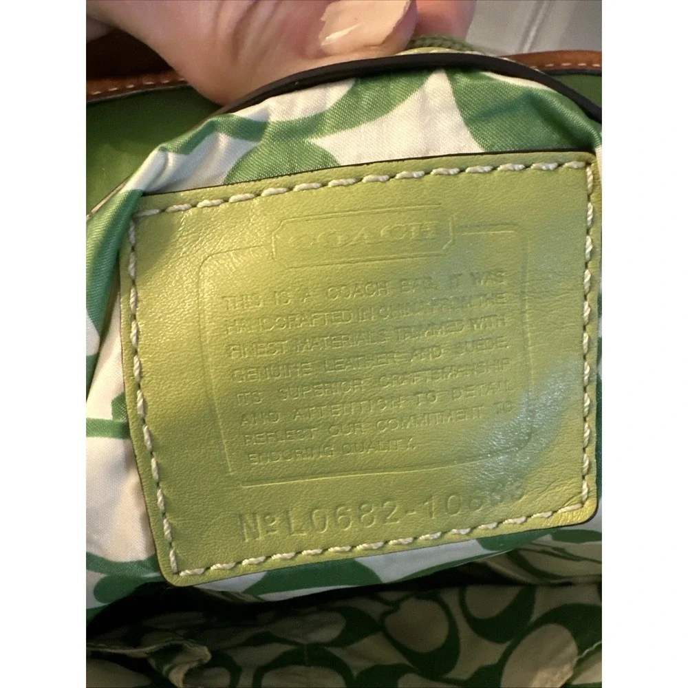 Coach Hampton Green Sateen Nylon Tote Bag Leather Trim Canvas Handles W Charm